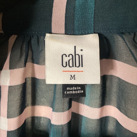 CAbi Teal and Pink Plaid Blouse with Tie Neck and Ruffles - Picture 5 of 7